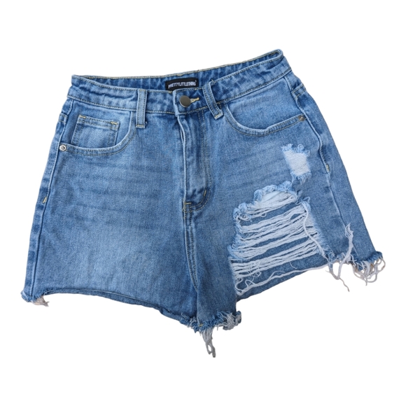 PrettyLittleThing Pants - Pretty Little Thing shorts raw hem fringe blue distressed high waist 2